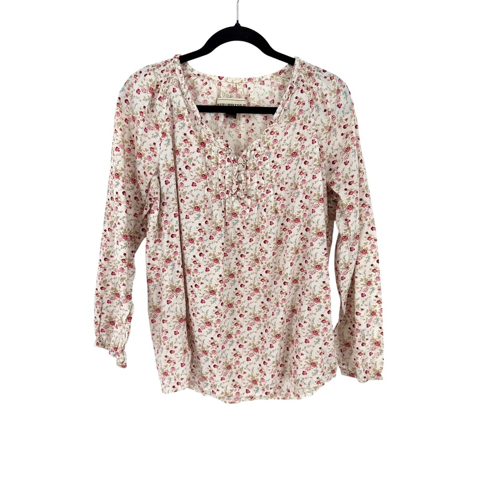 Bit & Bridle Blouse Floral Cotton L Cream Shirt Ruffle Cottagecore Prairie Boho